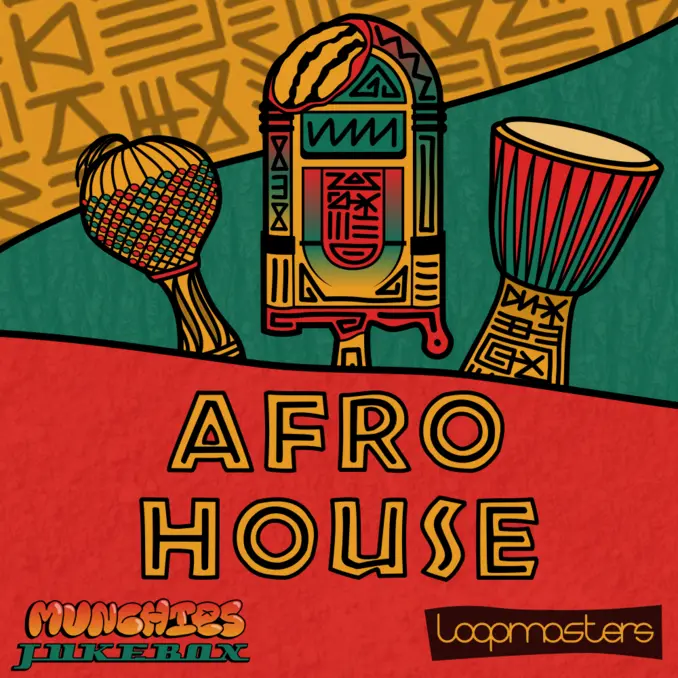 Afro House Sample Pack with Munchies Jukebox logo in African colors, featuring a djembe and shaker.