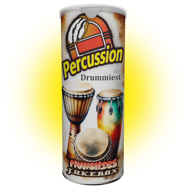 Afro Percussion Sample Pack Vol. 1 featuring traditional drum sounds, designed to look like a can of potato chips.