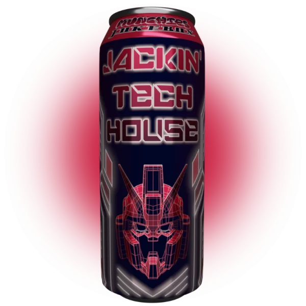 Jackin Tech House Sample Pack Vol. 1 featuring electronic beats and sounds, designed to look like a soft drink can.