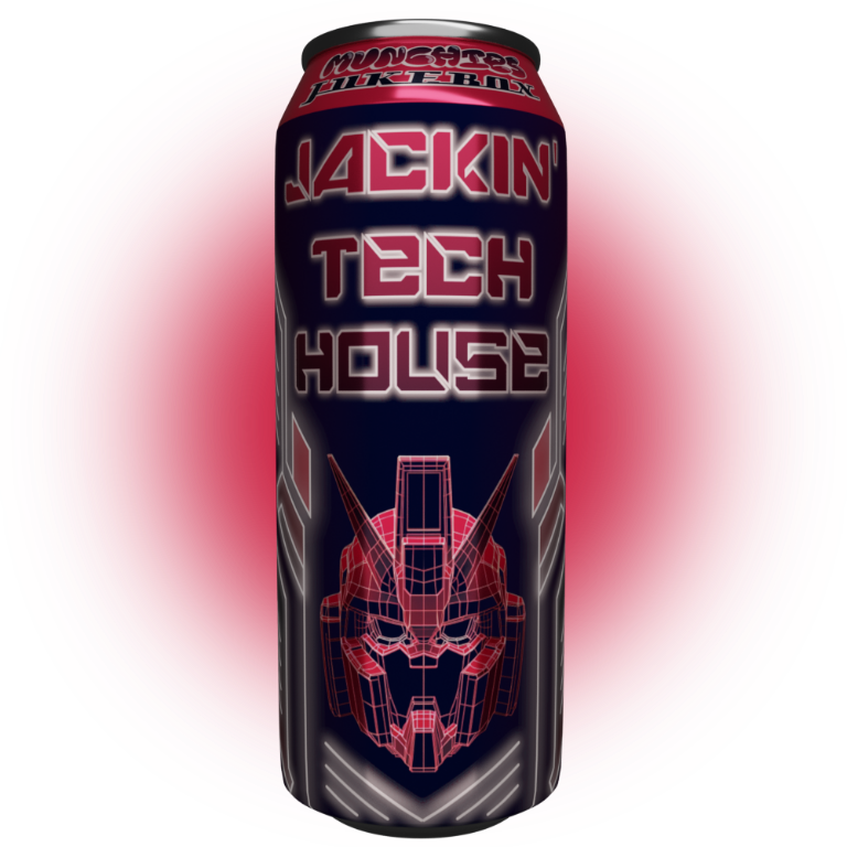 Jackin Tech House Sample Pack Vol. 1 featuring electronic beats and sounds, designed to look like a soft drink can.