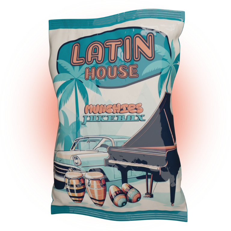 Latin House Sample Pack Vol. 1 featuring vibrant Latin-inspired beats and rhythms, designed to look like a bag of chips.