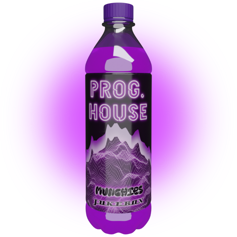 Progressive House Sample Pack Vol. 1 featuring electronic sounds, designed to look like a plastic juice bottle.