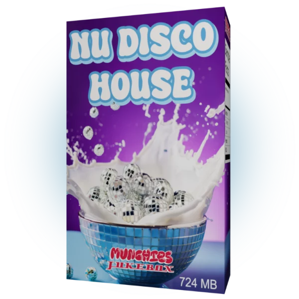 Nu Disco House Sample Pack Vol. 1 designed as a cereal box filled with disco ball-shaped cereal.