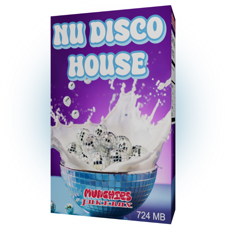 Nu Disco House Sample Pack Vol. 1 designed as a cereal box filled with disco ball-shaped cereal.