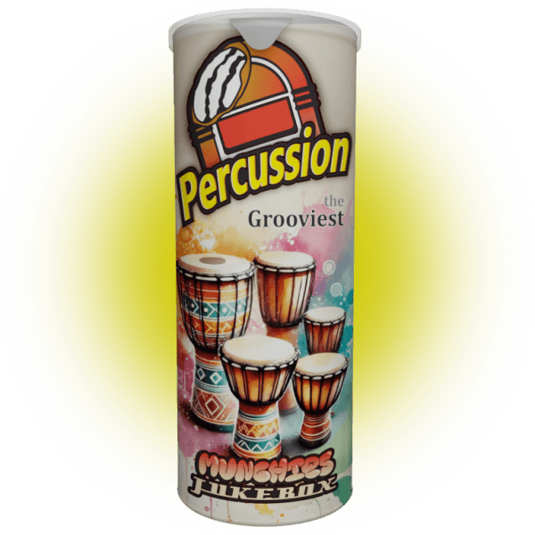 Afro Percussion Sample Pack Vol. 2 featuring traditional drum sounds, designed to look like a can of potato chips.