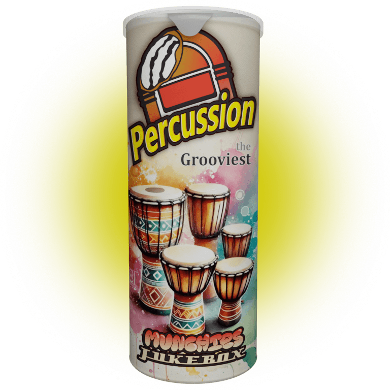 Afro Percussion Sample Pack Vol. 2 featuring traditional drum sounds, designed to look like a can of potato chips.